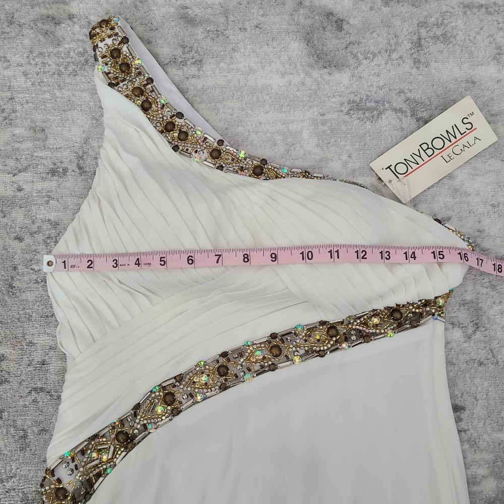 Tony Bowls White Gold Evening Prom Gown Size 10 - Picture 6 of 14